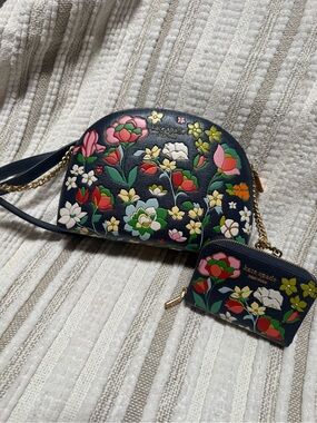 kate spade Navy Floral Dome Crossbody and wallet with Flowers and Gold Hardware